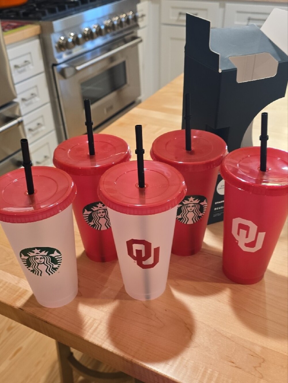 Starbucks Red & White Oklahoma University Logo Reusable 24oz Cold Cup Set Of 5